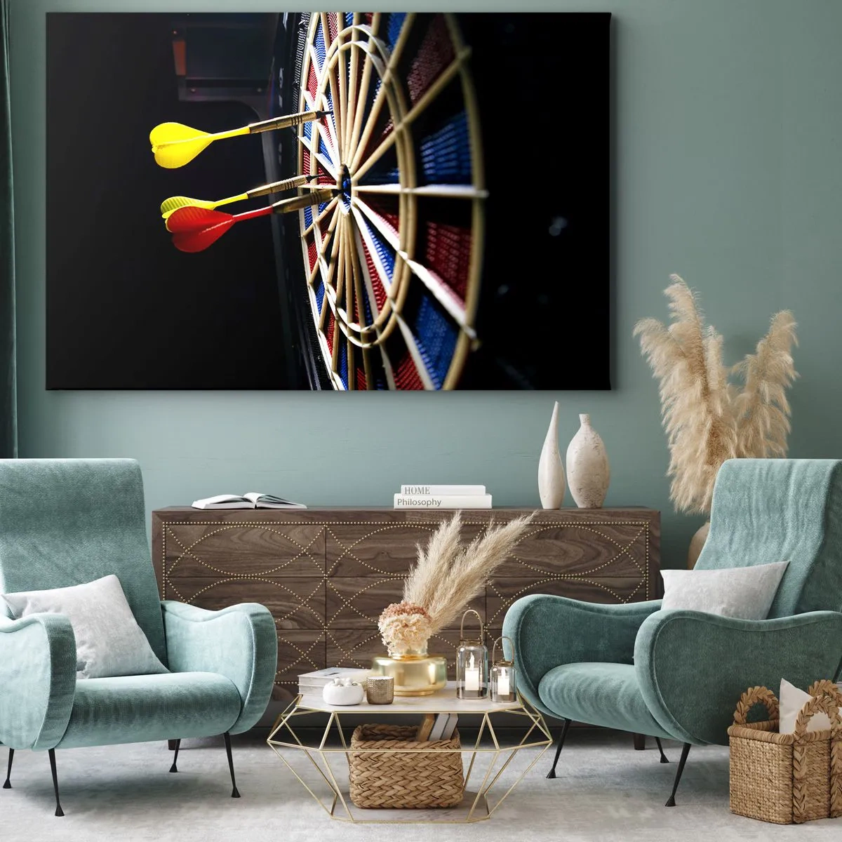Schilderen op canvas - Een dartbord met raakpijltjes op een zwarte achtergrond - 70x50cm - De spikerop de kop - Moderne wanddecoratie voor woonkamer en slaapkamer ARTTOR