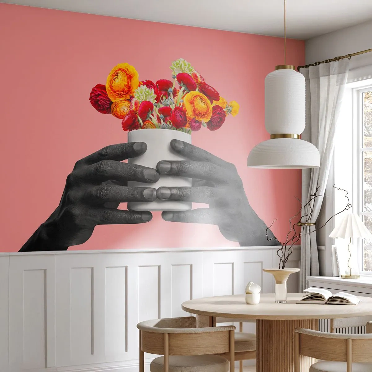 Fotobehang Standard Eco - Zwart-witte handen die een kleurrijk boeket bloemen vasthouden - 100x70cm - De apotheose van het leven - Moderne wanddecoratie voor woonkamer en slaapkamer ARTTOR