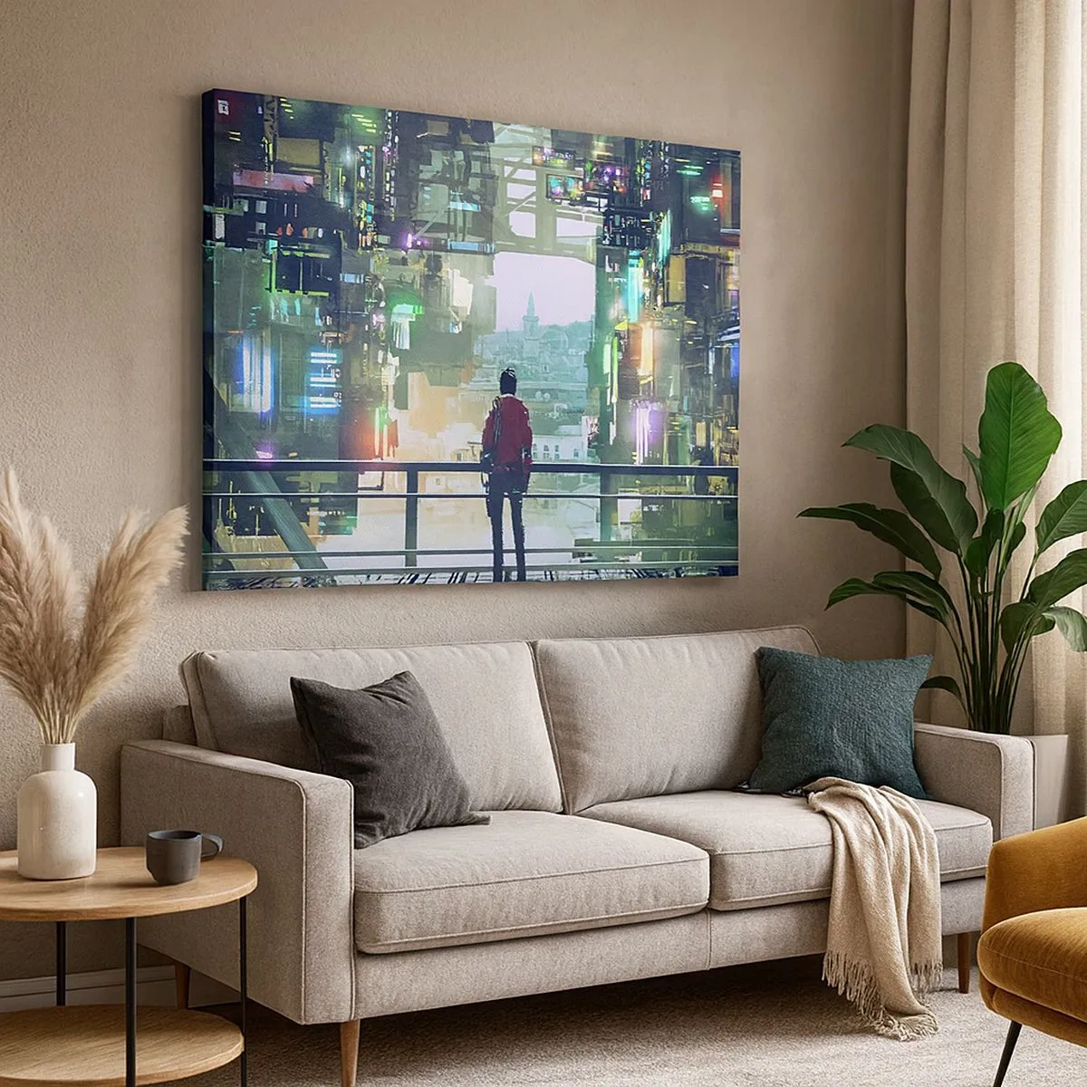 Schilderen op canvas - Een figuur in een futuristische stad met neonlichten - 70x50cm - Twee werelden - Moderne wanddecoratie voor woonkamer en slaapkamer ARTTOR