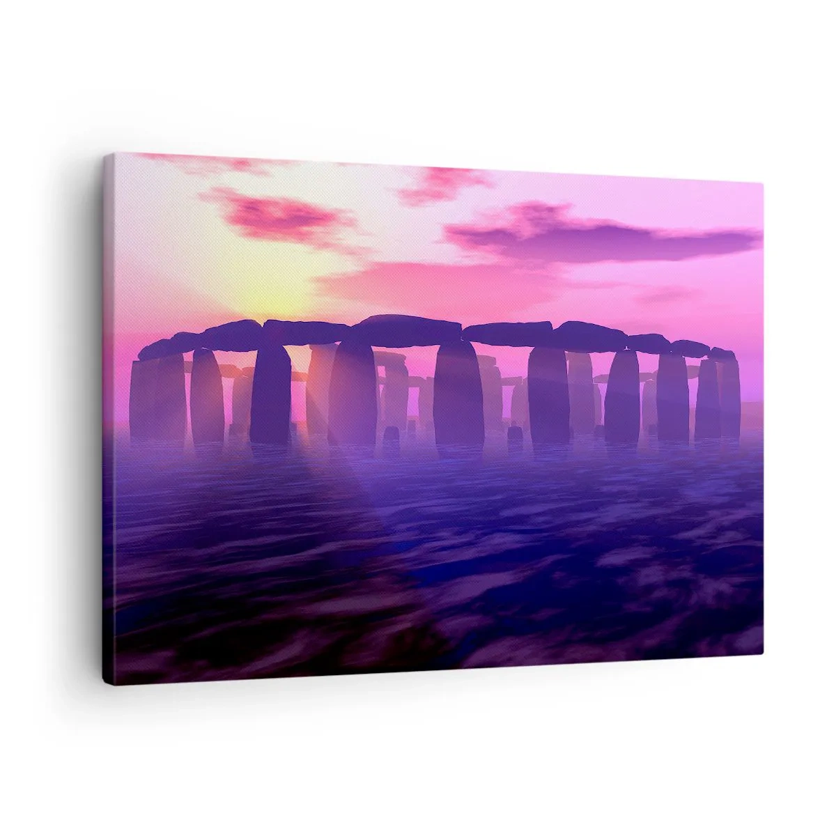 Schilderen op canvas - Stenen cirkel bij zonsondergang met een paarse lucht - 70x50cm - Mysterie bij zonsopgang in de mist - Moderne wanddecoratie voor woonkamer en slaapkamer ARTTOR