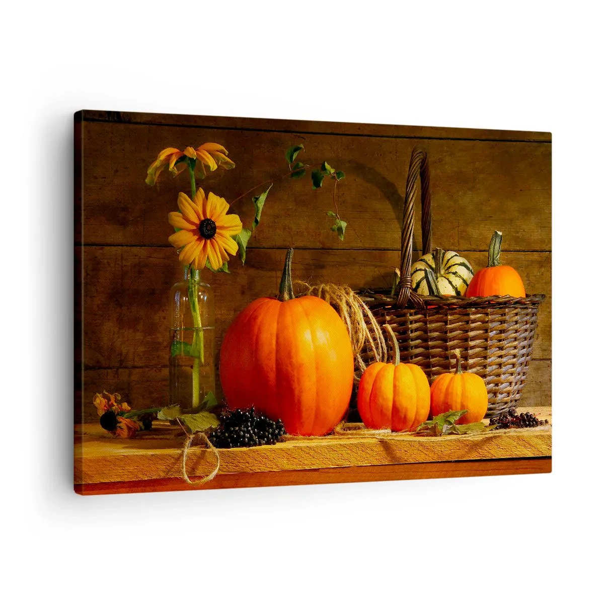Schilderen op canvas - Herfstcompositie met pompoenen en bloemen op een houten achtergrond - 70x50cm - Een rustieke compositie - geschenken van de herfst - Moderne wanddecoratie voor woonkamer en slaapkamer ARTTOR