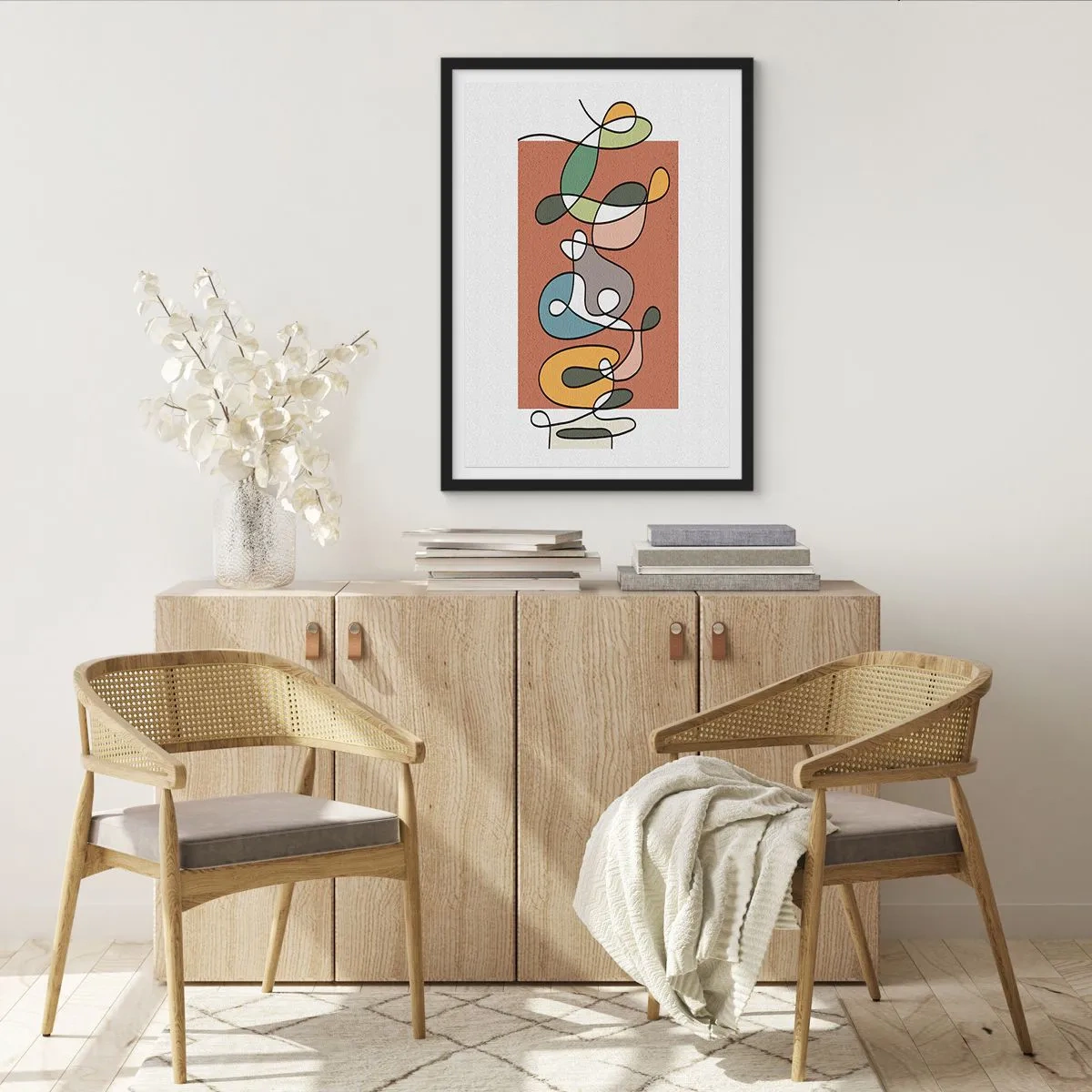 Poster in een zwarte lijst - Abstracte geometrische compositie met organische lijnen - 50x70cm - Abstractie: kleurrijke dans - Moderne wanddecoratie voor woonkamer en slaapkamer ARTTOR