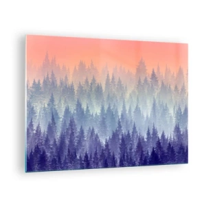 Schilderen op glas - Mysterieus naaldbos in pasteltinten van de ochtend - 70x50cm - Hoog, hoger, naar de hemel - Moderne wanddecoratie voor woonkamer en slaapkamer ARTTOR