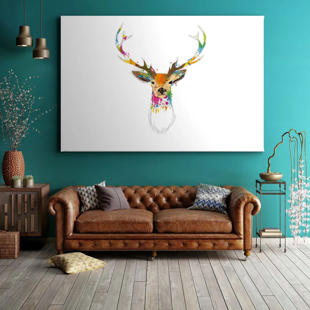 Schilderen op canvas - Kleurrijke hertenkop in artistieke stijl - 70x50cm - Een zacht hert badend in kleur - Moderne wanddecoratie voor woonkamer en slaapkamer ARTTOR