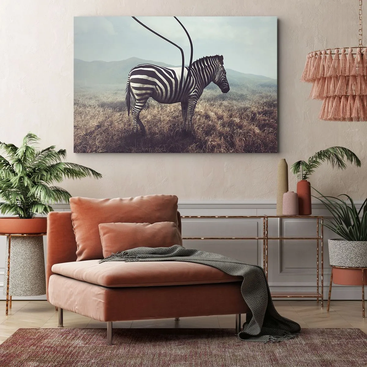 Schilderen op canvas - Een surrealistische zebra tegen een grasachtig landschap - 70x50cm - Aandacht! Gebrek - Moderne wanddecoratie voor woonkamer en slaapkamer ARTTOR
