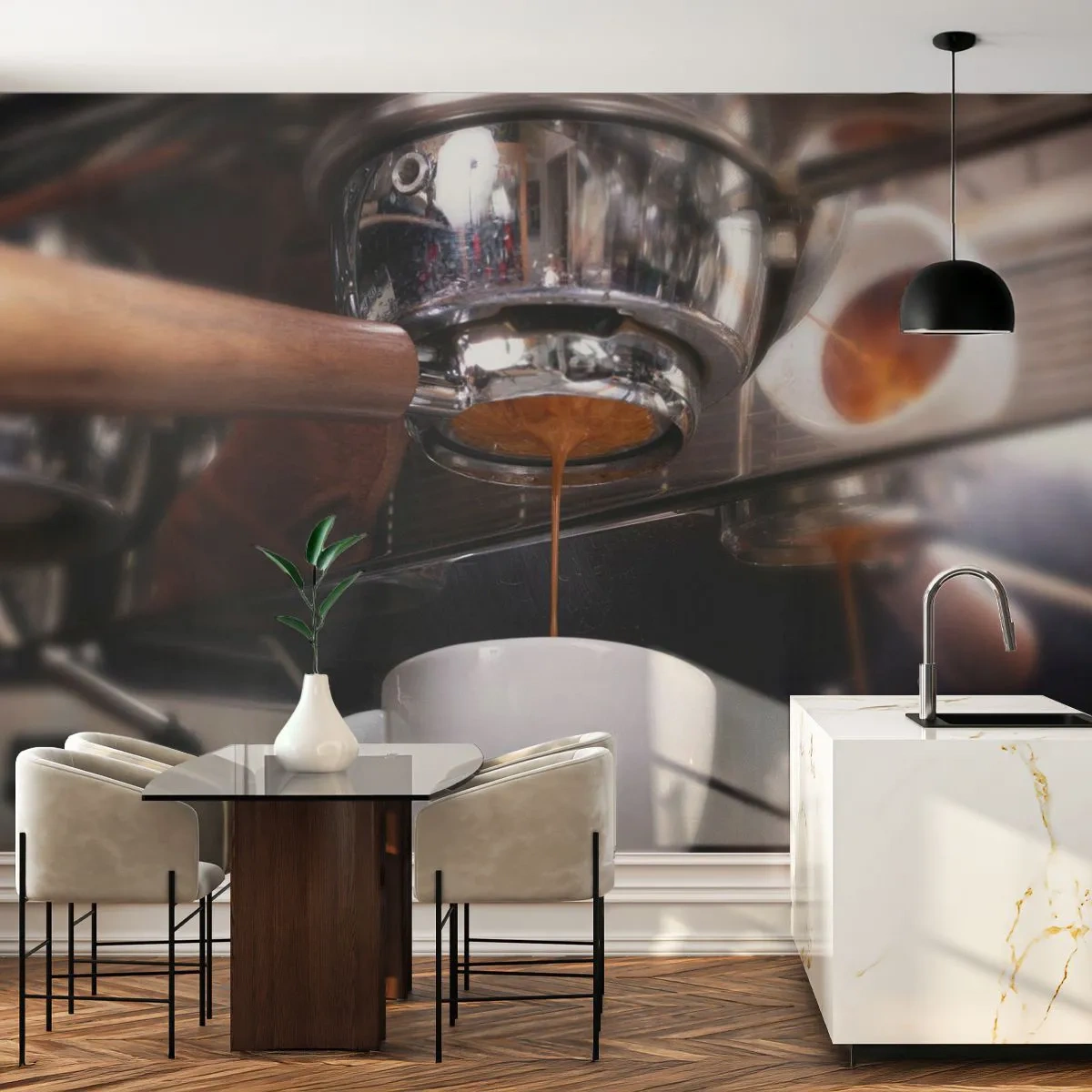 Fotobehang Premium Sand - Goede tijd van de dag - Koffie, Koffiezetapparaat, Barista - 500x350 cm