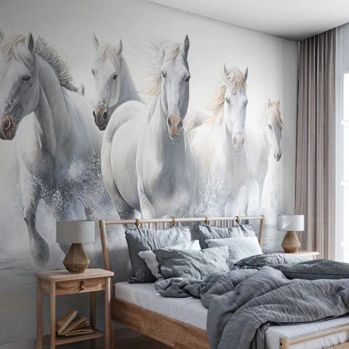 Fotobehang Premium Sand - Witte magie - Paarden, Dieren, Waterverf - 500x350 cm