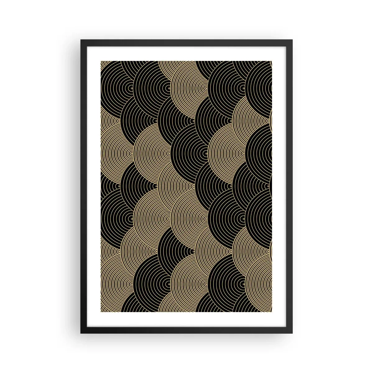 Poster in een zwarte lijst - Abstract patroon in zwarte en gouden cirkels - 50x70cm - Eenheid in veelheid - Moderne wanddecoratie voor woonkamer en slaapkamer ARTTOR