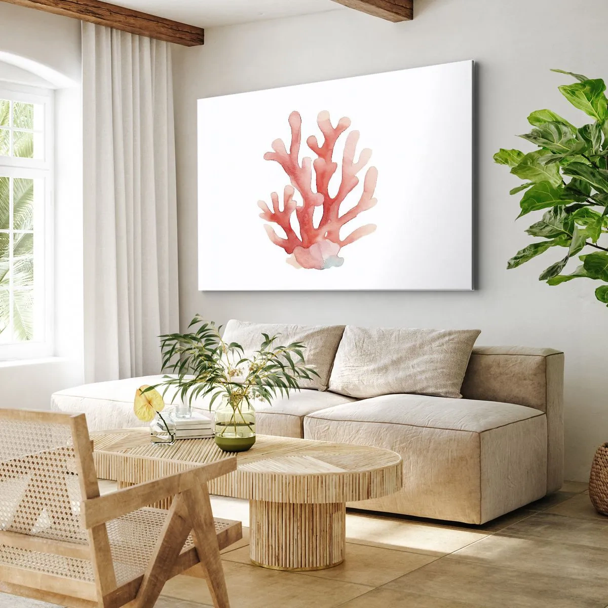 Schilderen op canvas - Een subtiele illustratie van koraal in pasteltinten - 70x50cm - Koraalkleurig koraal - Moderne wanddecoratie voor woonkamer en slaapkamer ARTTOR