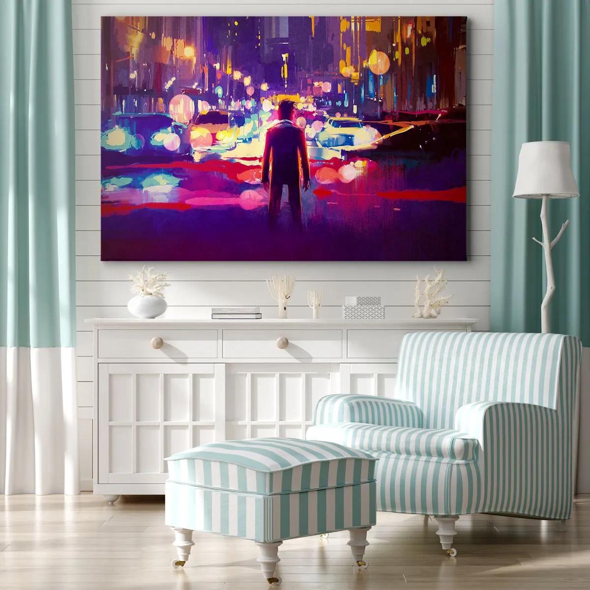 Schilderen op canvas - Een man in een neonstadsnachtscène - 70x50cm - Ondergedompeld in het licht - Moderne wanddecoratie voor woonkamer en slaapkamer ARTTOR