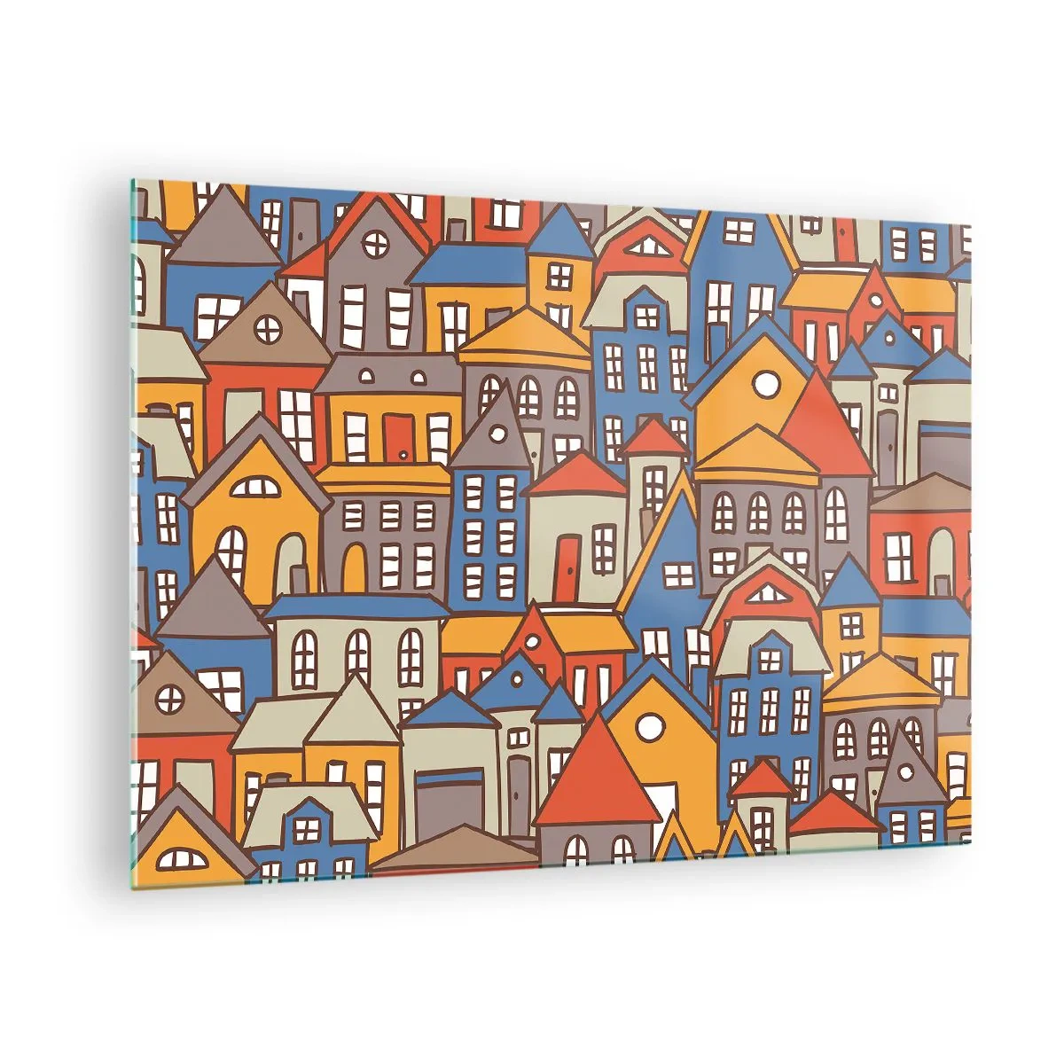 Schilderen op glas - Kleurrijke huizen in grafische stijl creëren een vrolijk landschap - 70x50cm - Achter het huis is een huis - Moderne wanddecoratie voor woonkamer en slaapkamer ARTTOR