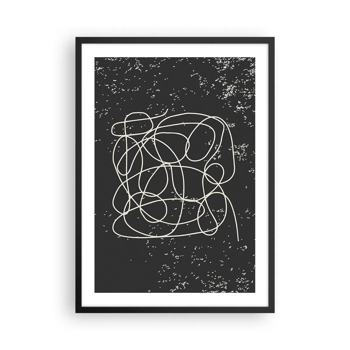 Poster in een zwarte lijst - Chaotische lijnen op een zwarte achtergrond met witte stippen - 50x70cm - Dwalende gedachten - Moderne wanddecoratie voor woonkamer en slaapkamer ARTTOR