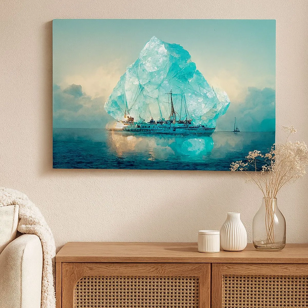 Schilderen op canvas - Een schip met een majestueuze ijsberg op de achtergrond - 70x50cm - Arctische diamant - Moderne wanddecoratie voor woonkamer en slaapkamer ARTTOR