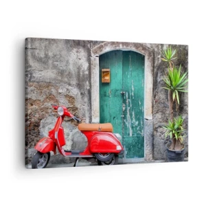 Schilderen op canvas - Rode scooter bij de groene deur - 70x50cm - Italiaanse vakantie - Moderne wanddecoratie voor woonkamer en slaapkamer ARTTOR