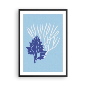 Poster in een zwarte lijst - Nautische afbeelding van schelpen en koraal op een blauwe achtergrond - 50x70cm - Bladvormen - Moderne wanddecoratie voor woonkamer en slaapkamer ARTTOR