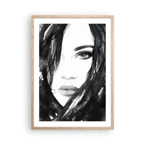 Een poster in een licht eiken lijst - Portret van een dame in zwart en wit - 50x70 cm