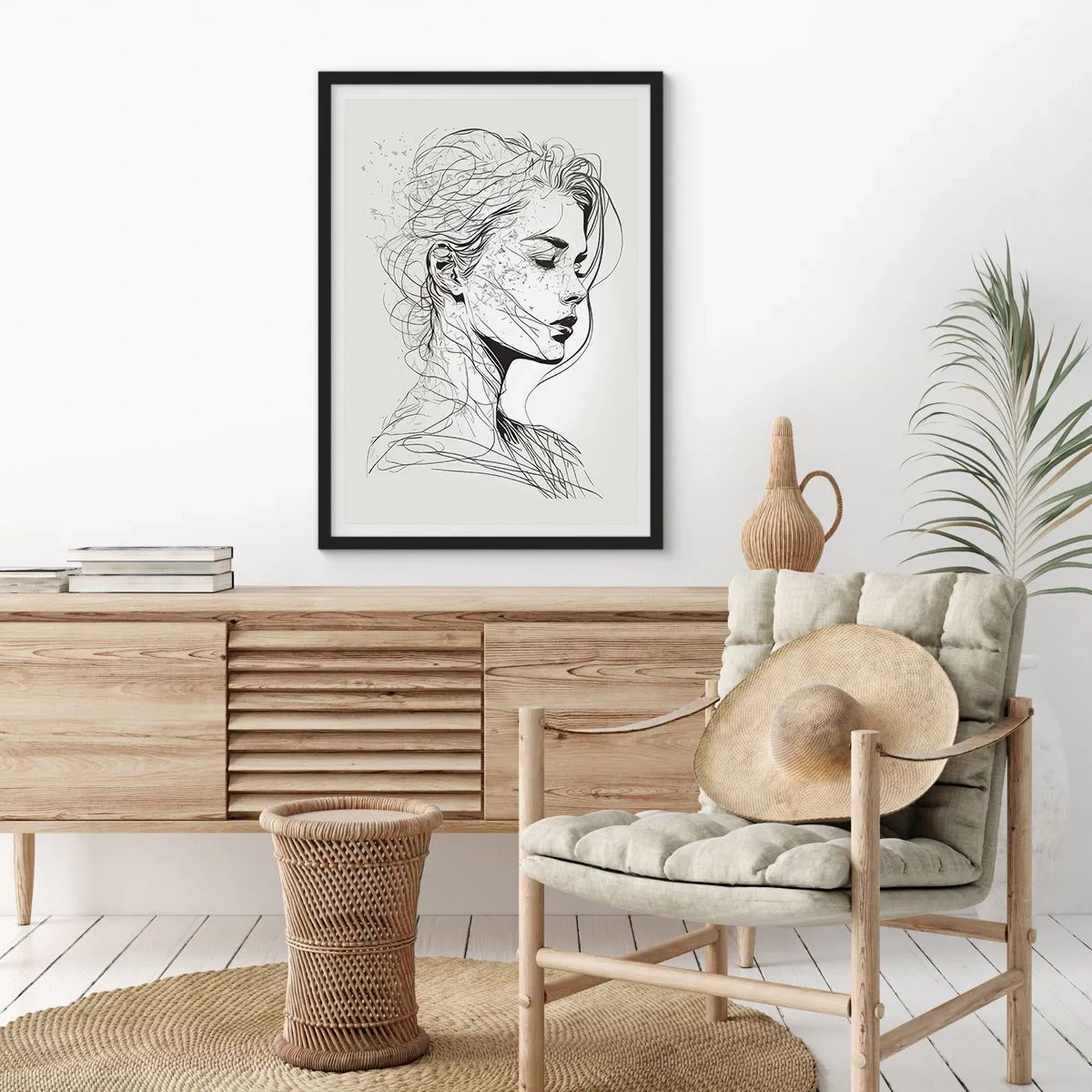 Poster in een zwarte lijst - Een schets van een vrouw met lang, los haar, gemaakt in een minimalistische stijl. - 50x70cm - Portret in gedachten - Moderne wanddecoratie voor woonkamer en slaapkamer ARTTOR