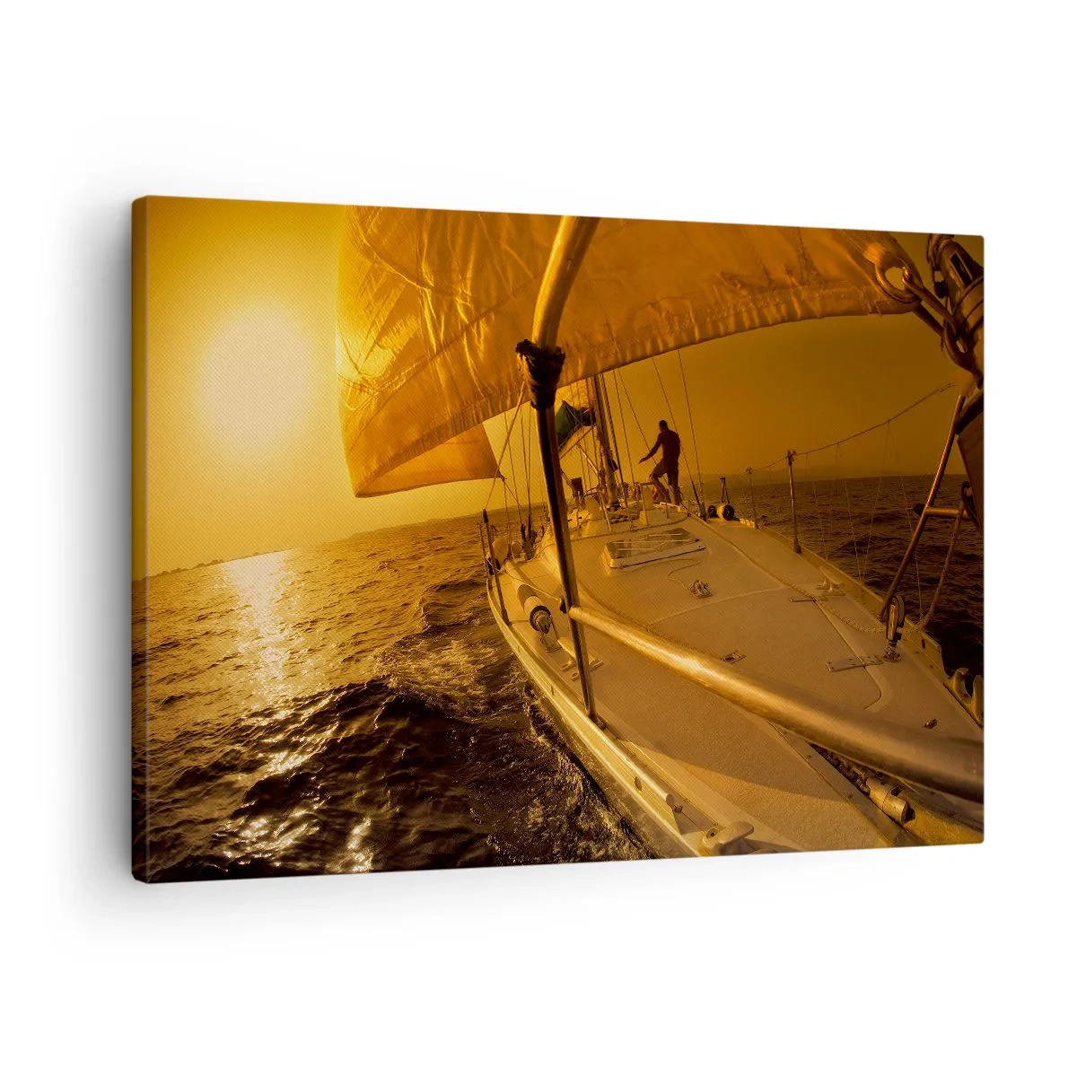 Schilderen op canvas - Zeilboot op zee tijdens zonsondergang, gouden gloed. - 70x50cm - Een gouden avond na een kleurrijke dag - Moderne wanddecoratie voor woonkamer en slaapkamer ARTTOR