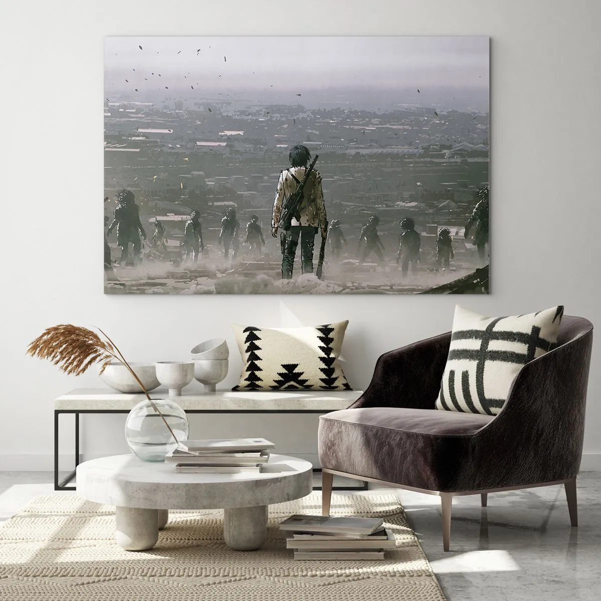 Schilderen op glas - Een figuur met een geweer in het donkere landschap van een naderende groep - 70x50cm - Laatste Rechtvaardige? - Moderne wanddecoratie voor woonkamer en slaapkamer ARTTOR