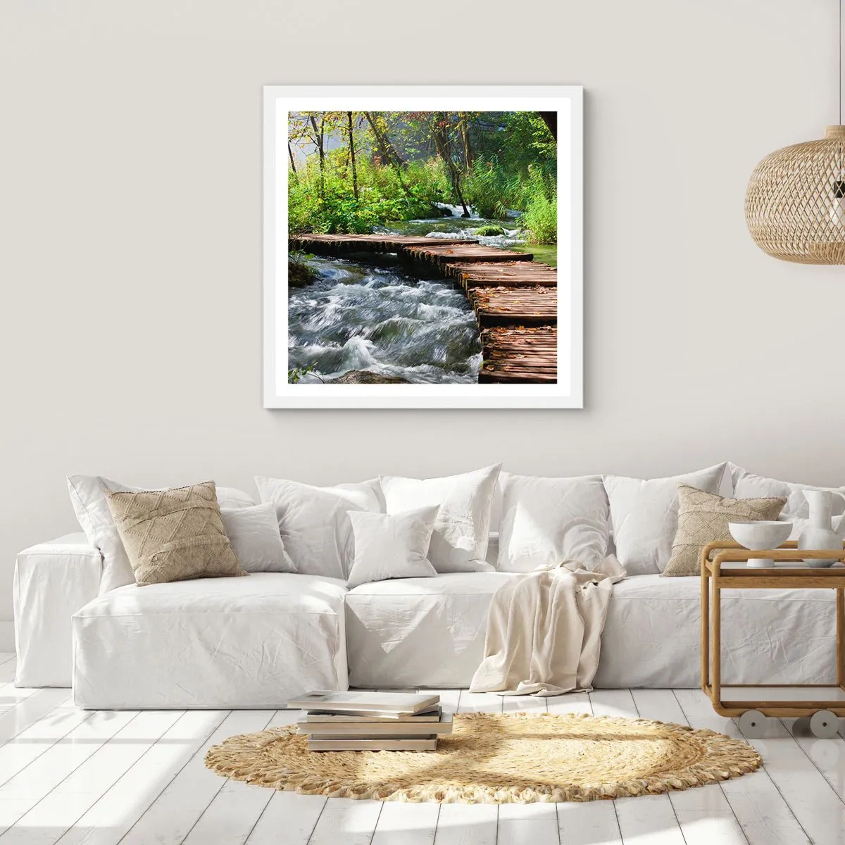 Poster in een witte lijst - Boven de schuimige waterval - 30x30 cm