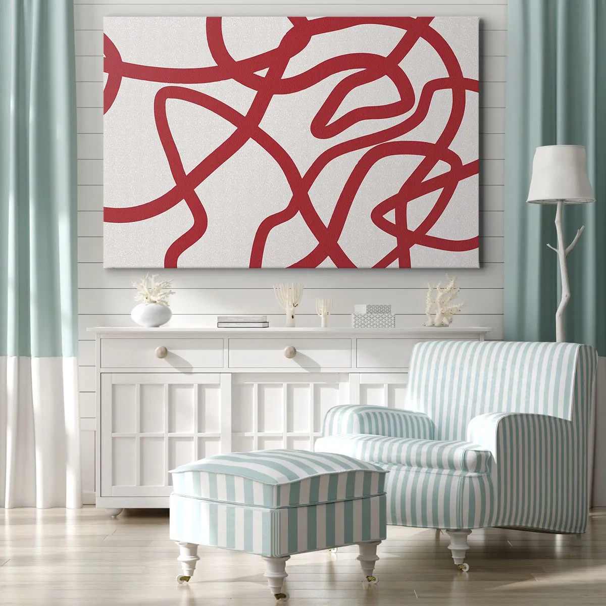 Schilderen op canvas - Rode abstracte lijnen op een witte achtergrond - 70x50cm - Rood op wit - Moderne wanddecoratie voor woonkamer en slaapkamer ARTTOR