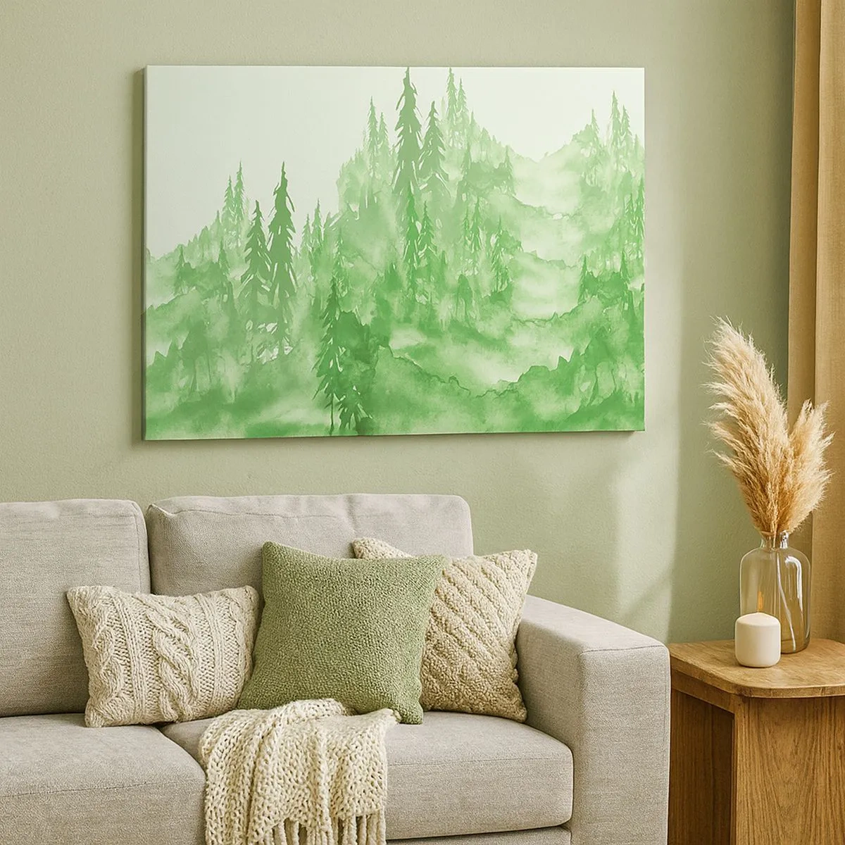 Schilderen op canvas - Groen bos in aquarelstijl op een lichte achtergrond - 70x50cm - Wazig met groene mist - Moderne wanddecoratie voor woonkamer en slaapkamer ARTTOR