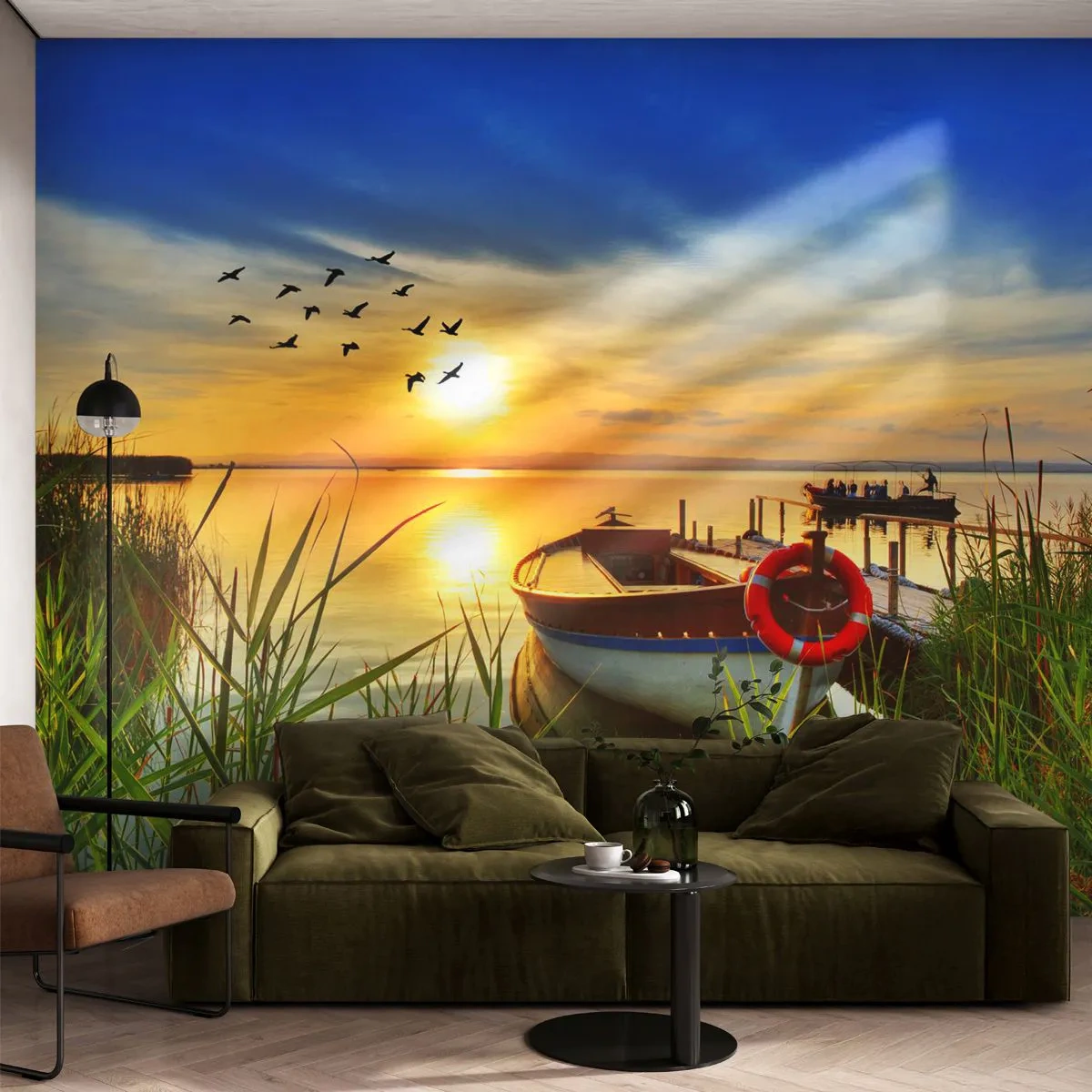 Fotobehang Premium Sand - De aalscholvers vliegen al weg - Landschap, Meer, Zonsondergang - 100x70 cm