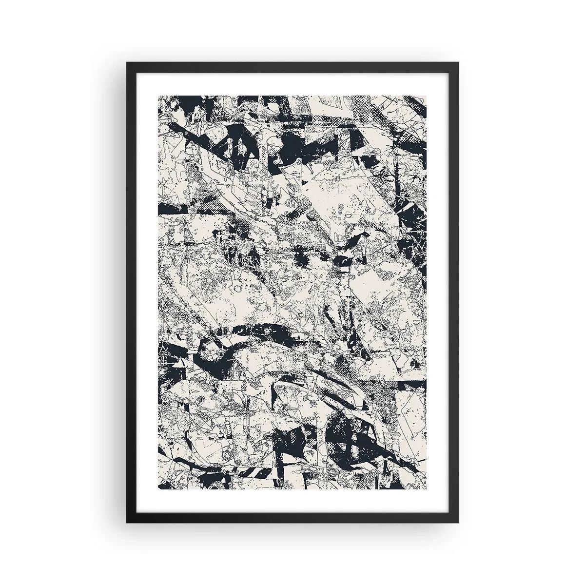 Poster in een zwarte lijst - Abstracte zwart-wit textuurcompositie - 50x70cm - Interpenetratie van tegenstellingen - Moderne wanddecoratie voor woonkamer en slaapkamer ARTTOR