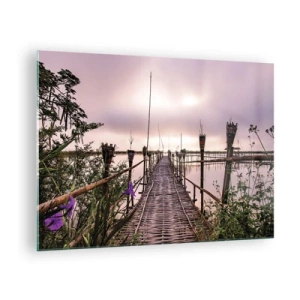 Schilderen op glas - Een bamboebrug over het meer, omgeven door planten en bloemen - 70x50cm - Rust en stilte van Azië - Moderne wanddecoratie voor woonkamer en slaapkamer ARTTOR