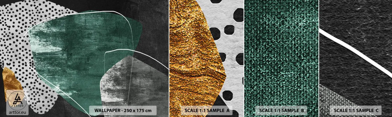 Fotobehang Staaltje Standard Eco - Kleurrijke abstractie met bladgoud - Abstractie, Textuur, Collage - 100x30 cm