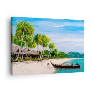 Schilderen op canvas - Een exotisch strand met palmbomen en een boot aan de kust - 70x50cm - Een exotische droom - Moderne wanddecoratie voor woonkamer en slaapkamer ARTTOR