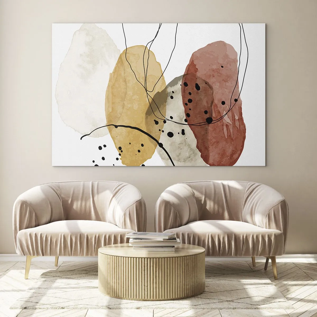 Schilderen op glas - Abstracte aardkleurige vlekken met dunne lijnen - 70x50cm - Als lichte, transparante lucht - Moderne wanddecoratie voor woonkamer en slaapkamer ARTTOR