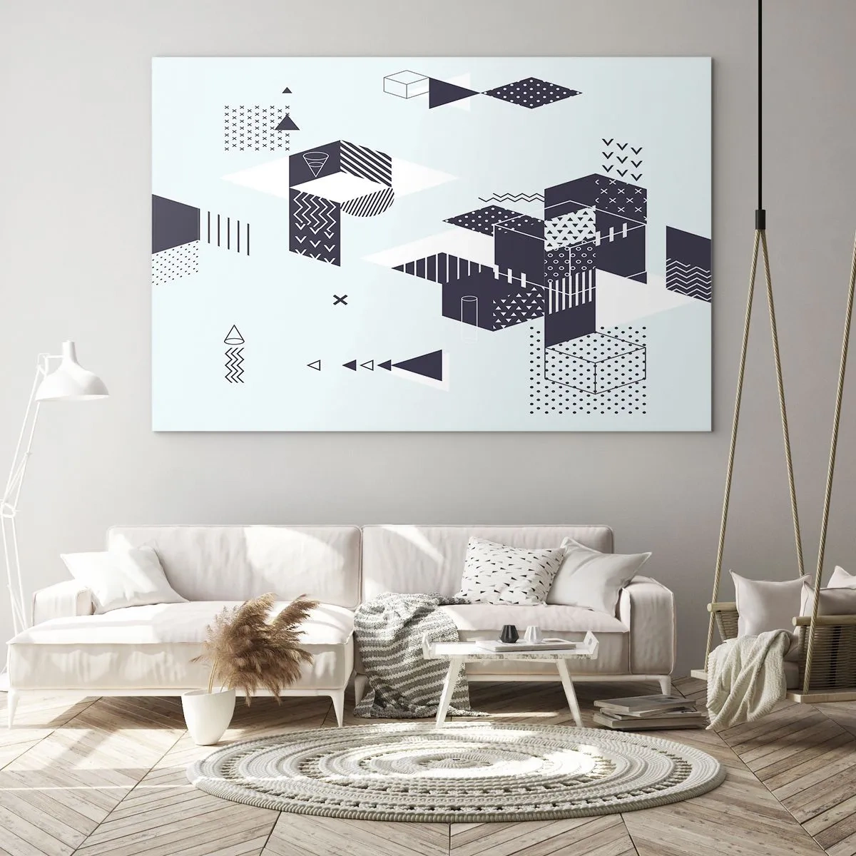 Schilderen op glas - Abstracte geometrische compositie in zwart-wit op een lichte achtergrond - 70x50cm - In de ziel van een wiskundige - Moderne wanddecoratie voor woonkamer en slaapkamer ARTTOR