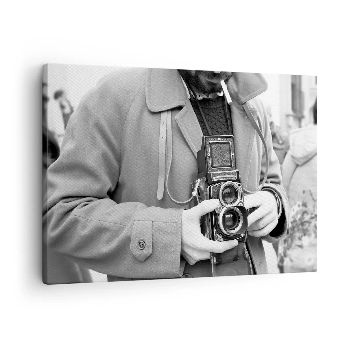 Schilderen op canvas - Zwart-witfoto van een man met een retrocamera - 70x50cm - Retro stijl - Moderne wanddecoratie voor woonkamer en slaapkamer ARTTOR