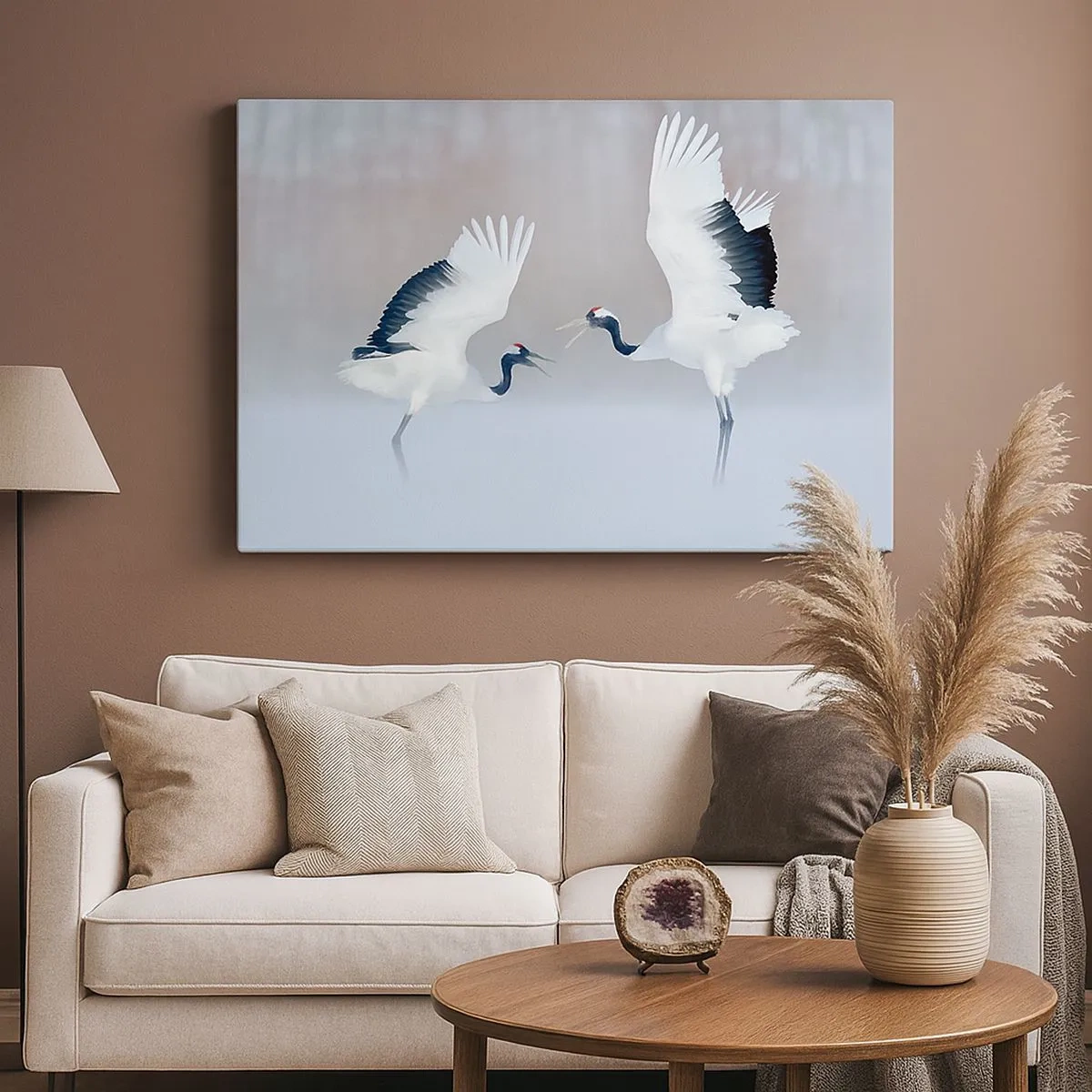 Schilderen op canvas - Twee kraanvogels dansen in een mistig landschap - 70x50cm - Dans in de mist - Moderne wanddecoratie voor woonkamer en slaapkamer ARTTOR