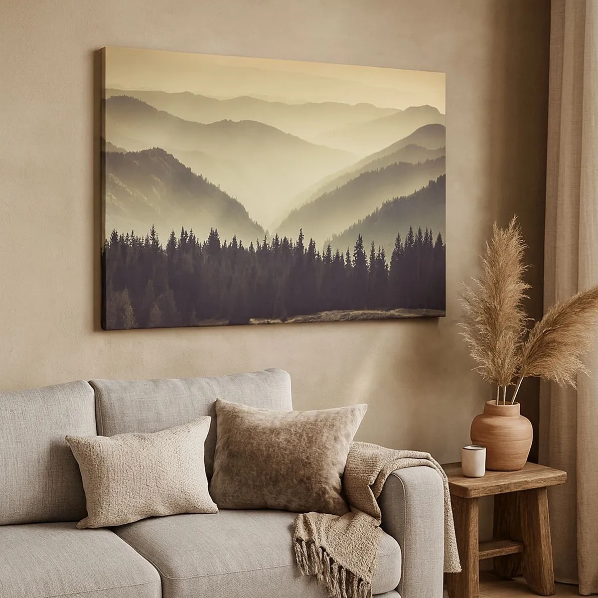 Schilderen op canvas - Schilderachtige bergketens gehuld in mist in warm licht - 70x50cm - Achter de zeven bergen... - Moderne wanddecoratie voor woonkamer en slaapkamer ARTTOR