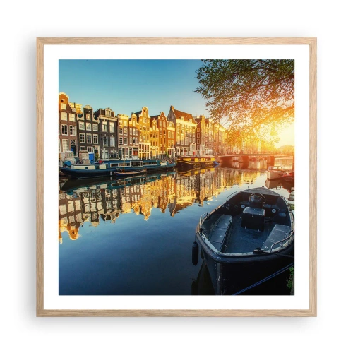 Een poster in een licht eiken lijst - Ochtend in Amsterdam - 60x60 cm