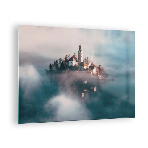 Schilderen op glas - Een eiland met een kerk omgeven door mist op een kalm meer - 70x50cm - droom eiland - Moderne wanddecoratie voor woonkamer en slaapkamer ARTTOR