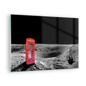 Schilderen op glas - Een rode telefooncel op het maanoppervlak met een astronaut - 70x50cm - Een kosmische grap - Moderne wanddecoratie voor woonkamer en slaapkamer ARTTOR