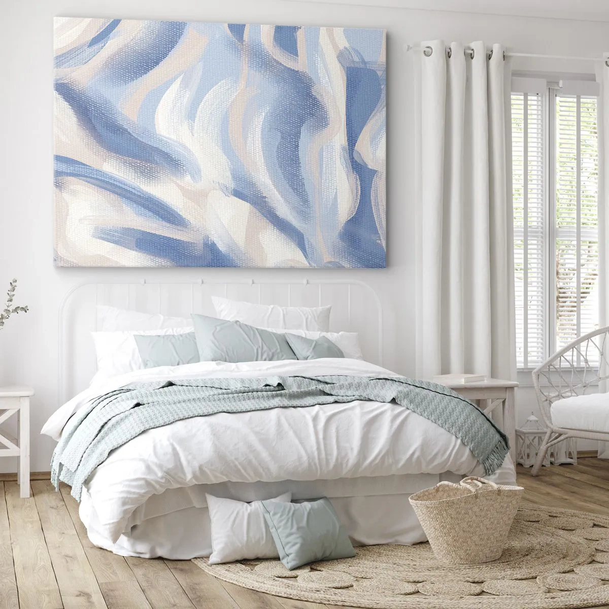 Schilderen op canvas - Abstracte penseelstreken in tinten blauw en beige - 70x50cm - Blauwe golven - Moderne wanddecoratie voor woonkamer en slaapkamer ARTTOR