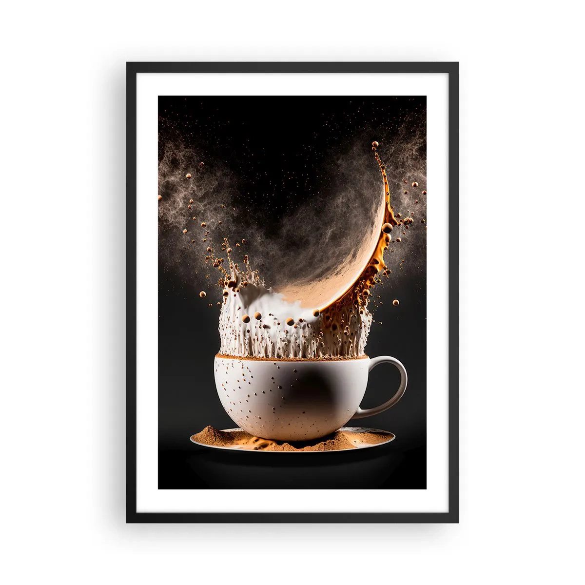Poster in een zwarte lijst - Een dynamische explosie van koffie in een kopje - 50x70cm - Een explosie van smaak - Moderne wanddecoratie voor woonkamer en slaapkamer ARTTOR