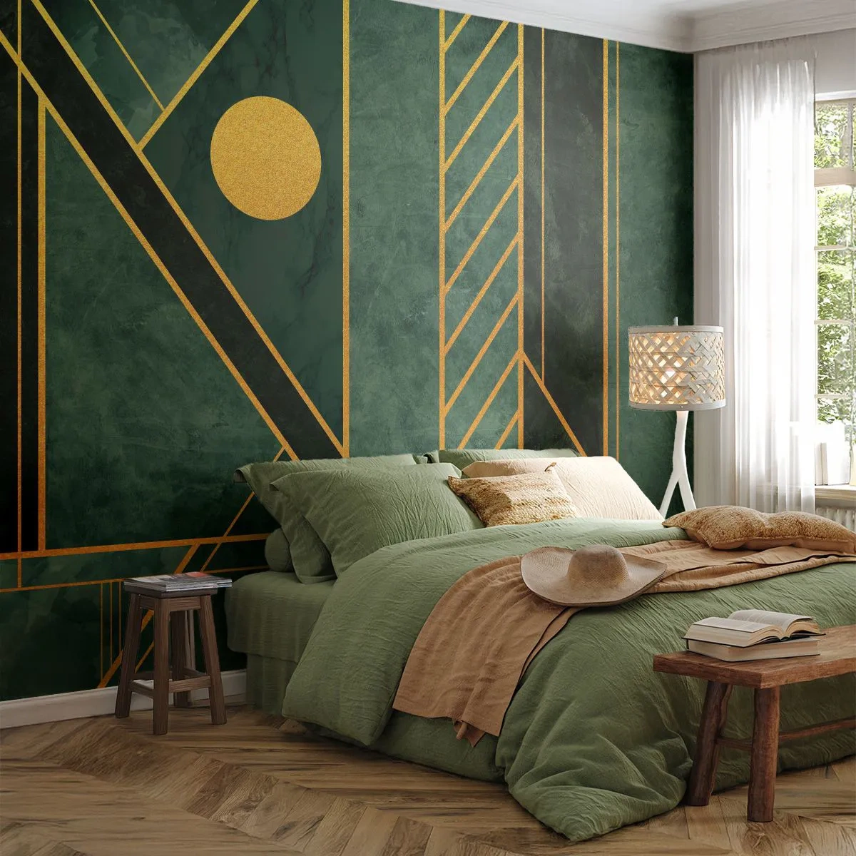Zelfklevend Fotobehang Deluxe Sticker - Dynamiek van goud en azuur - Abstractie, Deel, Geometrisch patroon - 250x175 cm