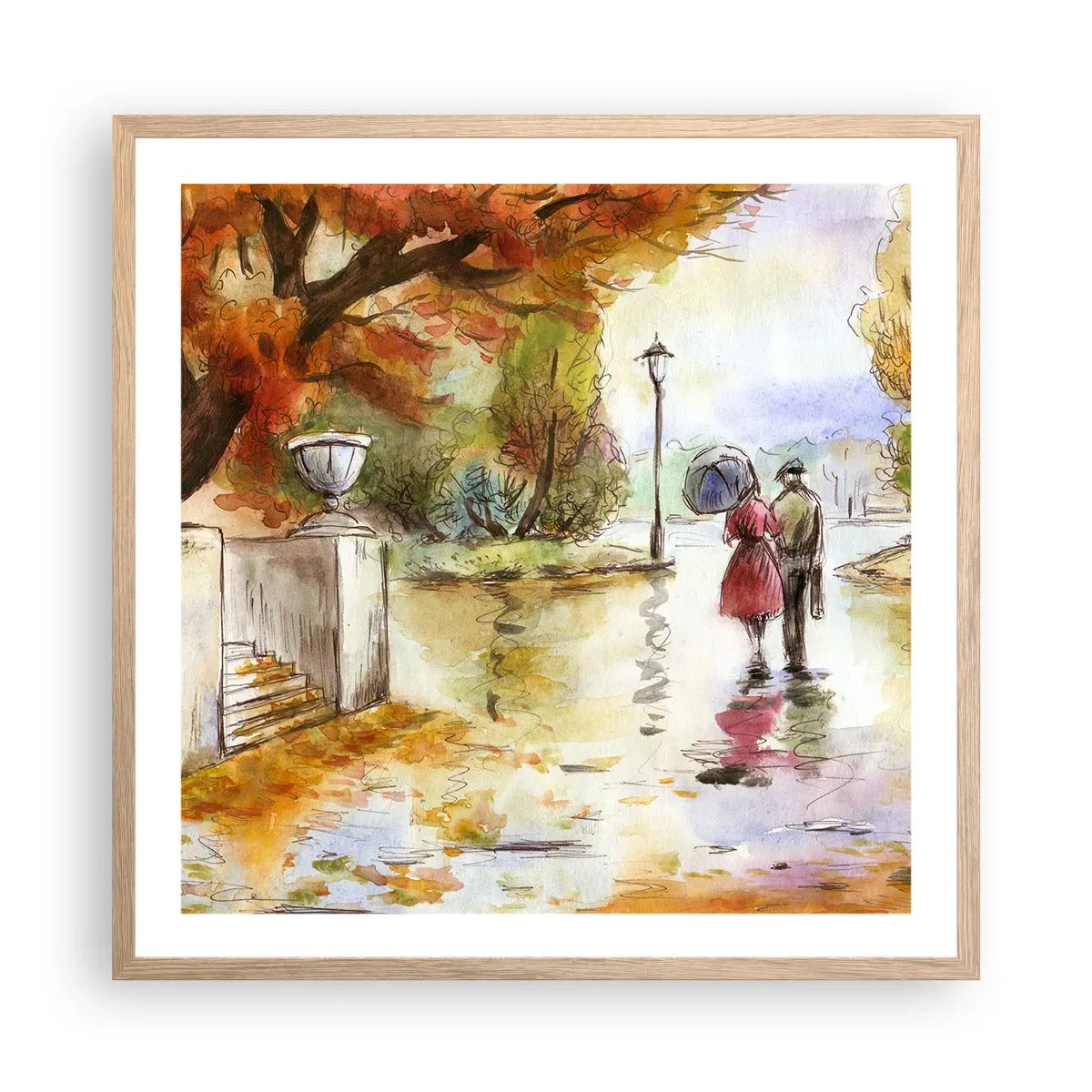 Een poster in een licht eiken lijst - Romantische herfst in het park - 60x60 cm