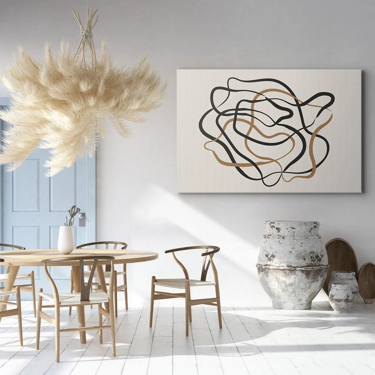 Schilderen op canvas - Verwarde lijnen in zwart en goud op een lichte achtergrond - 70x50cm - Alles ging mis - Moderne wanddecoratie voor woonkamer en slaapkamer ARTTOR