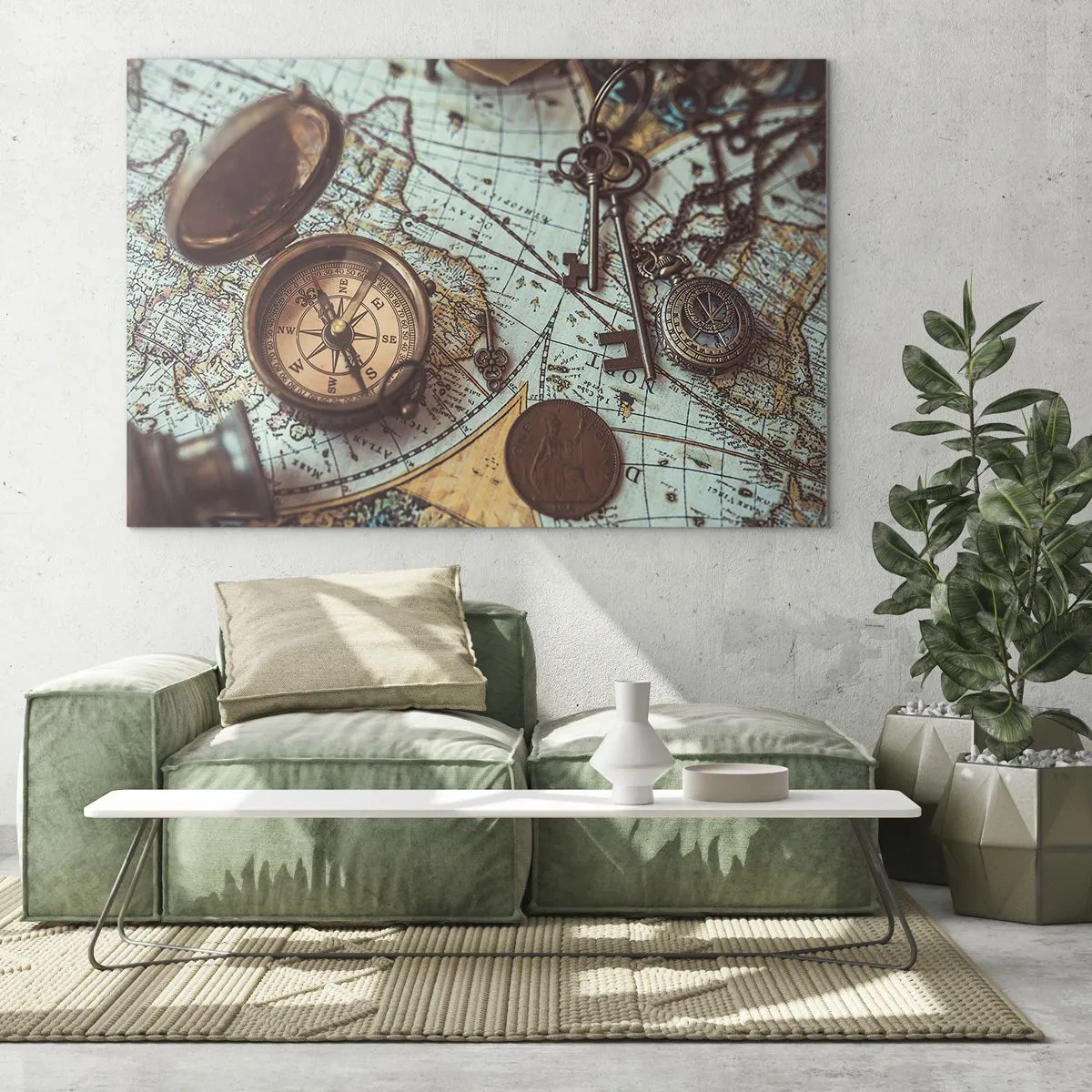 Schilderen op glas - Een antiek kompas tegen een achtergrond van een kaart en antieke sleutels. - 70x50cm - Voor de avonturier - Moderne wanddecoratie voor woonkamer en slaapkamer ARTTOR
