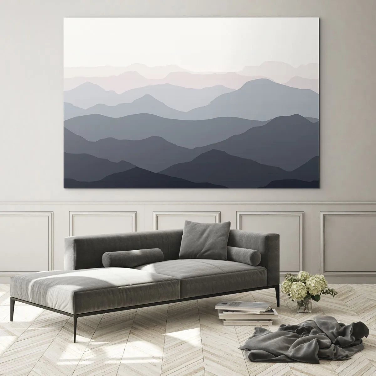 Schilderen op glas - Subtiele berglagen in pasteltinten - 70x50cm - Golven van de bergen - Moderne wanddecoratie voor woonkamer en slaapkamer ARTTOR