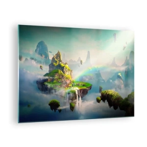 Schilderen op glas - Vliegende eilanden in de wolken met regenbogen en watervallen - 70x50cm - Midden in de lucht - gelukkige eilanden - Moderne wanddecoratie voor woonkamer en slaapkamer ARTTOR
