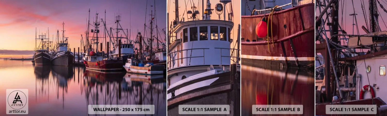 Fotobehang Monster Zelfklevend Deluxe Sticker - Voor de volgende dag - Vissershaven, Boten, Vissen - 100x30 cm