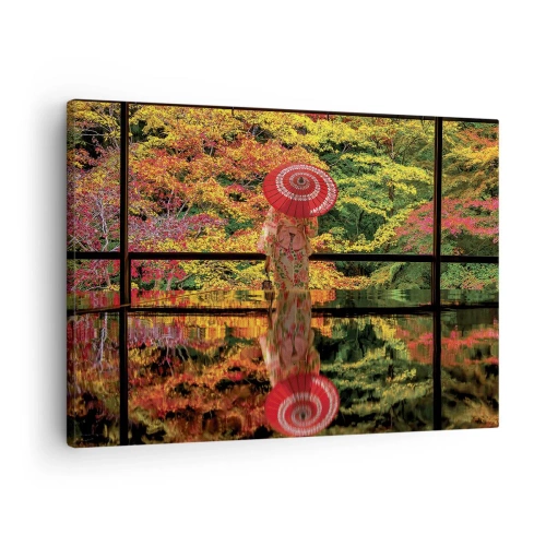 Schilderen op canvas - Een vrouw in een kimono met een paraplu tegen de achtergrond van een herfstlandschap. - 70x50cm - In de tempel van de natuur - Moderne wanddecoratie voor woonkamer en slaapkamer ARTTOR