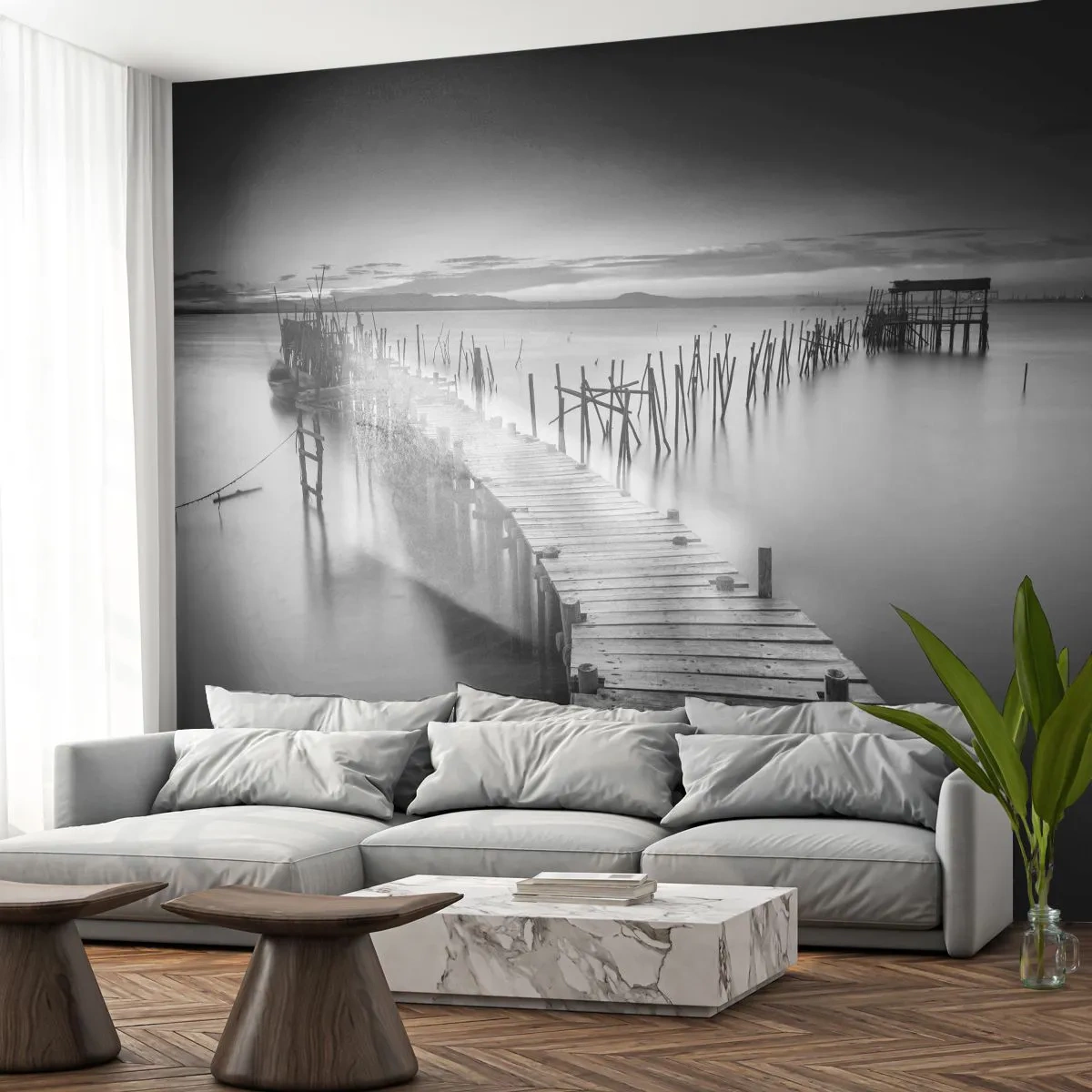 Zelfklevend Fotobehang Deluxe Sticker - De rust van een vergeten kust - Landschap, Meer, Houten brug - 250x175 cm